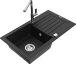 Mexen Pablo chiuvetă din granit cu 1 compartiment cu scurgător și baterie de bucătărie Flora, neagră - 6510-77-670401-00 (6510-77-670401-00)