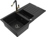 Mexen Matias Chiuvetă de granit cu 1, 5 cuve cu picurător și baterie de bucătărie Flora, neagră - 6502-77-670401-57-B (6502-77-670401-57-B)