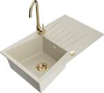 Mexen Cesar chiuvetă de granit cu 1 compartiment cu picurător și baterie de bucătărie Telma, bej - 6514-69-670200-50 (6514-69-670200-50)