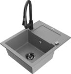 Mexen Enzo chiuvetă granit 1-cameră cu picurător și baterie de bucătărie Elia, gri - 6506-71-670101-70-B (6506-71-670101-70-B)