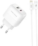 XO L137 gyorstöltő adapter, Type-C (20W) / USB-A (18W) csatlakozóval, lightning kábelle fehér