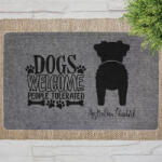  Dogs Welcome" Ausztrál juhászkutya szöveges lábtörlő szürke háttérrel (60 x 40 x 0, 2 cm)