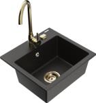 Mexen Milo, 1 kamrás gránit mosogató 43, 5x41 cm és konyhai csaptelep Telma, fekete-arany, 6505-75-670200-50 (6505-75-670200-50)