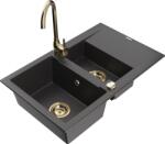 Mexen Gaspar, gránit mosogató 737x475x177 mm, 1, 5 kamrás és Telma arany csaptelep, fekete foltos, 6507-76-670200-50 (6507-76-670200-50)