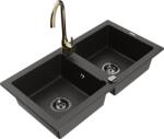 Mexen Mario, 2 kamrás gránit mosogató 820x436x161 mm és Telma arany fényes mosogató csaptelep, fekete-arany metál, 6504-75-670200-50-B (6504-75-670200-50-B)