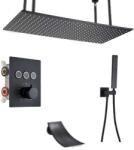  Zuhanycsap szett, Blackswan, M159 típus, matt fekete modell, 3 utas, termosztát, vízesés csaptelep és mennyezetre szerelhető, 80 cm-es méret