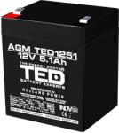 Ted electric Оловна батерия TED ELECTRIC AGM, 12V, 5Ah, 90/ 70/ 10 1mm, Терминал 2 (TED-12V-5AH) - Allstore
