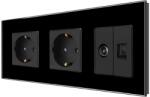 Luxion Priza Dubla Schuko + TV + Internet cu Rama Din Sticla LUXION, Negru, LX-2MP010/26/25G-B (LX-2MP010/26/25G-B)