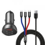Baseus Incarcator auto Baseus Display digital 2xUSB-A, 24W + cablu USB to Type-C / Lightning / Micro-USB inclus