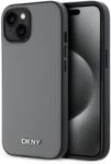 DKNY PU Bőr Ezüst Fém Logós Magsafe iPhone 15 Tok Szürke