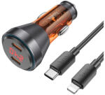 hoco. autós töltő 2 x USB-C QC 30W digitális kijelzővel, USB-C kábellel, (Lightning PD60W) átlátszó narancssárga