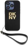 DKNY PU Bőr Halmozott Logós Csuklópántos Tok iPhone 15 Pro Max Fekete