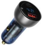 Baseus autós szivargyújtó töltő digitális kijelzővel, USB + USB Type-C, QC3.0+PD, 5A, 65W, fekete
