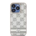 DKNY PU Leather Checkered Pattern and Stripe Apple iPhone 15 Pro tok, bézs
