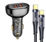USAMS autós töltő 2xUSB-A + USB-C aljzat (5V/3A, 80W, gyorstöltő + USB-C kábel) fekete (BXLACCTC01) (BXLACCTC01)