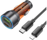 hoco. autós töltő USB+Type-C aljzat (43W, PD gyorstöltő, LED jelzés + lightning kábel) NARANCSSÁRGA - geminiduo