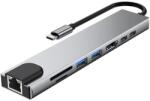 Techstar Adaptor Hub multifunctional 8 in 1 Techstar® SF8IN1, HDMI 4K, USB-C, PD Port, 1 x USB 3.0, 1 x USB 2.0, LAN RJ45 Ethernet, Cititor de carduri SD/TF, Aliaj de Aluminiu, Argintiu (SKU2997)