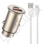 LDNIO autós töltő USB+Type-C aljzat (30W, PD gyorstöltő + USB - lightning kábel) ARANY