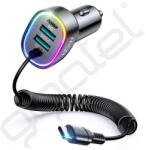 JOYROOM autós töltő 2 USB+Type-C aljzat (60W, PD gyorstöltő 5.0 + fix Type-C kábel) FEKETE