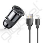 JOYROOM autós töltő 2 USB aljzat (15W, PD gyorstöltő + lightning kábel) FEKETE