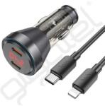 hoco. autós töltő 2 Type-C aljzat (60W, PD gyorstöltő, LED kijelző + lightning kábel) FEKETE