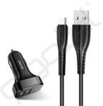 USAMS KING-TU autós töltő 2 USB aljzat (10W + Type-C kábel) FEKETE