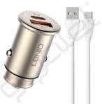 LDNIO autós töltő USB+Type-C aljzat (30W, PD gyorstöltő + Type-C kábel) ARANY
