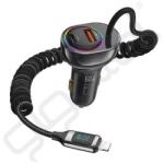 USAMS autós töltő USB+Type-C aljzat (30W, PD gyorstöltő, LED kijelző, RGB + fix lightning kábel) FEKETE