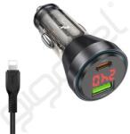 hoco. autós töltő USB+Type-C aljzat (48W, PD gyorstöltő, LED kijelző + lightning kábel) FEKETE