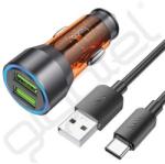 hoco. autós töltő 2 USB aljzat (36W, gyorstöltő, LED jelzés + USB - Type-C kábel) NARANCSSÁRGA
