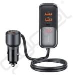 USAMS C40 autós töltő 3 USB+2 Type-C aljzat (165W, PD gyorstöltő, LED kijelző + 1.5m hosszabbító) FEKETE