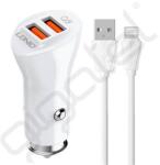 LDNIO autós töltő 2 USB aljzat (36W, gyorstöltő 3.0 + lightning kábel) FEHÉR