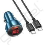 hoco. Z50 autós töltő USB+Type-C aljzat (48W, PD gyorstöltő 3.0, LED kijelző + Type-C kábel) SÖTÉTKÉK