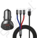 Baseus autós töltő 2 USB aljzat (24W + kábel 3in1 USB - lightning/microUSB/Type-C, 120cm) SZÜRKE