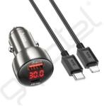 hoco. Z50 autós töltő USB+Type-C aljzat (48W, PD gyorstöltő 3.0, LED kijelző + lightning kábel) SZÜRKE