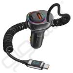Yed USAMS autós töltő USB+Type-C aljzat (30W, PD gyorstöltő, LED kijelző, RGB + fix Type-C kábel) FEKETE