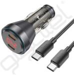 hoco. autós töltő 2 Type-C aljzat (60W, PD gyorstöltő, LED kijelző + Type-C - Type-C kábel) FEKETE