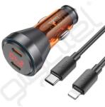 hoco. autós töltő 2 Type-C aljzat (60W, PD gyorstöltő, LED kijelző + lightning kábel) NARANCSSÁRGA