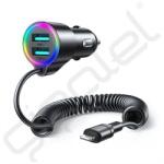 JOYROOM autós töltő 2 USB aljzat (17W, PD gyorstöltő 5.0 + fix lightning kábel) FEKETE