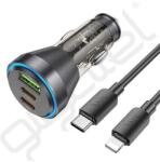 hoco. autós töltő USB+2 Type-C aljzat (60W, PD gyorstöltő, LED jelzés + lightning kábel) FEKETE