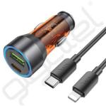 hoco. autós töltő USB+Type-C aljzat (43W, PD gyorstöltő, LED jelzés + lightning kábel) NARANCSSÁRGA