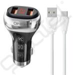 LDNIO autós töltő 2 USB aljzat (36W, PD gyorstöltő, LED kijelző + Type-C kábel) FEKETE
