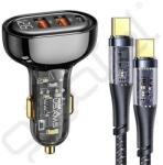 USAMS autós töltő 2 USB+Type-C aljzat (80W, gyorstöltő + Type-C kábel) FEKETE