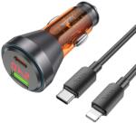 hoco. autós töltő USB A + Type C digitális kijelzővel + Type C - Lightning kábel PD QC3.0 3A 48W NZ12B átlátszó narancs