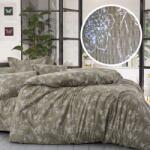 Pucioasa Lenjerie de pat dublu creponata cu elastic pentru saltea 180x200cm, bumbac 100%, oliv cu flori albe Lenjerie de pat
