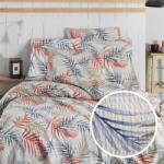 Pucioasa Lenjerie de pat dublu creponata cu elastic pentru saltea 160x200cm, bumbac 100%, frunze palmier Lenjerie de pat