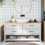 vidaXL kezeletlen tömör fa fürdőszobai pult 160x50x(2-4) cm (3156061)