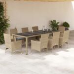 vidaXL 9 részes bézs polyrattan/üveg kerti étkezőgarnitúra párnákkal (3278593)
