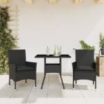vidaXL 3 részes fekete polyrattan/üveg kerti étkezőgarnitúra párnákkal (3278601)
