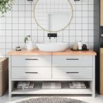 vidaXL világosbarna kezelt tömör fa fürdőszobai pult 160x60x(2-6) cm (3156160)